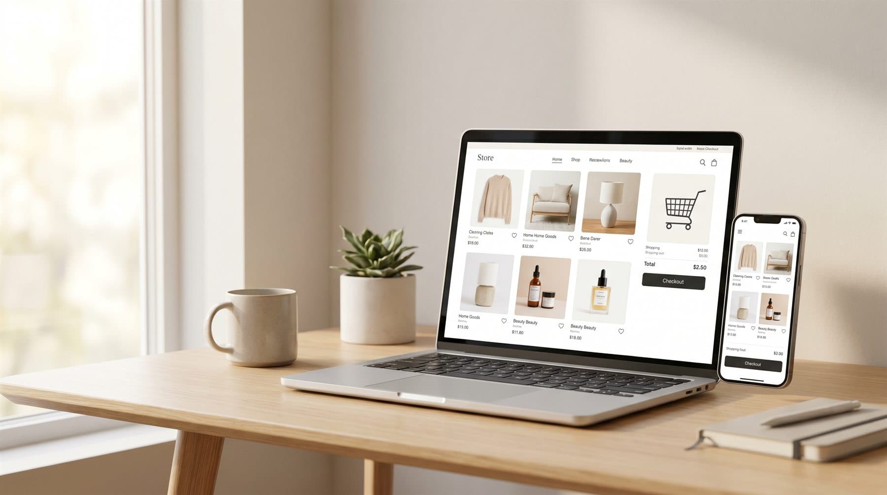 Laptop e celular lado a lado mostrando uma loja online pronta para receber pedidos