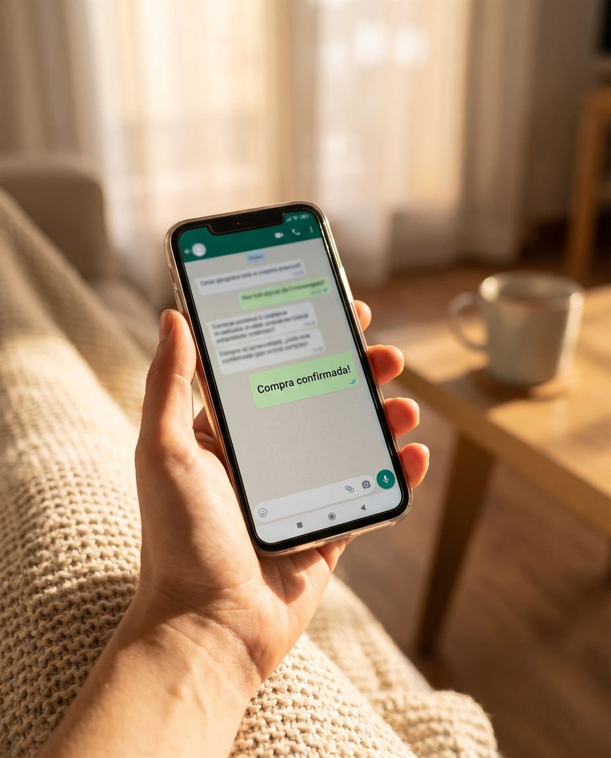 Mão segurando o celular com a mensagem 'Compra confirmada!' no WhatsApp
